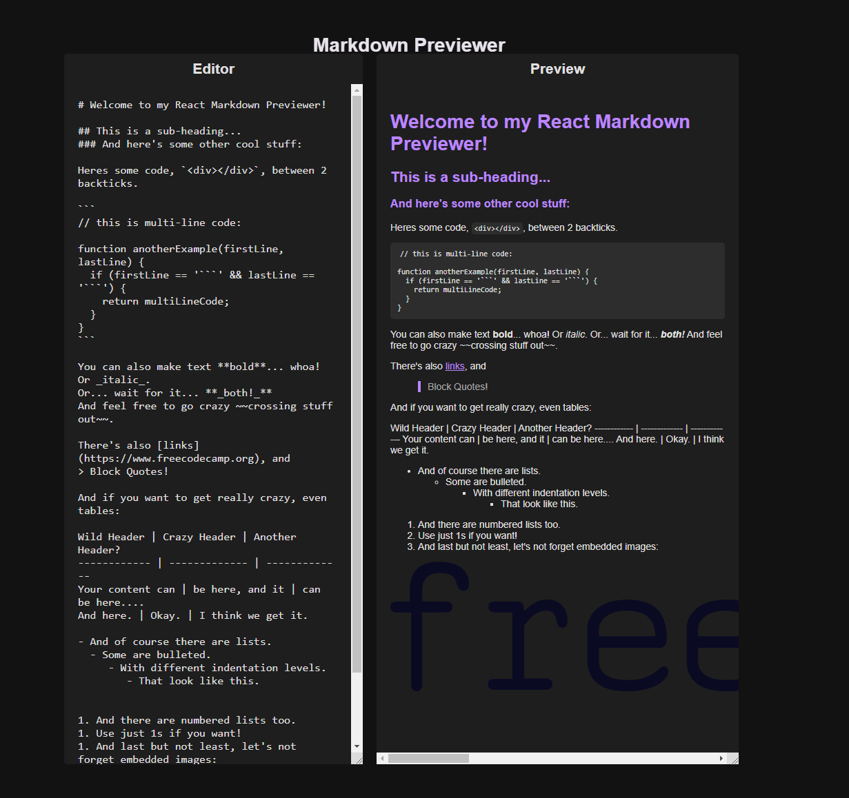 Markdown Previewer app front